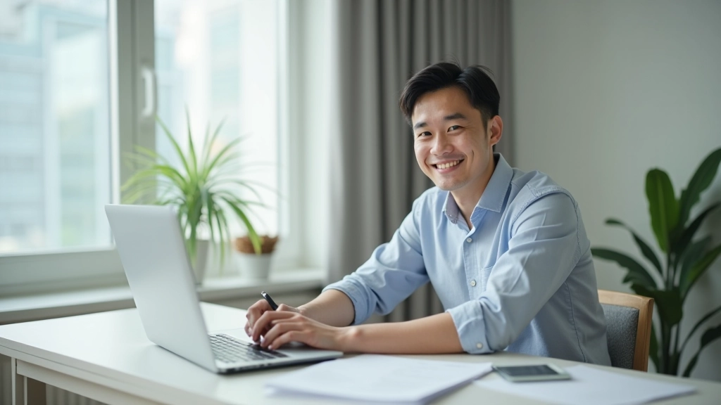 Person working on laptop with financial planning documents and calculator, tracking savings progress with positive mindset