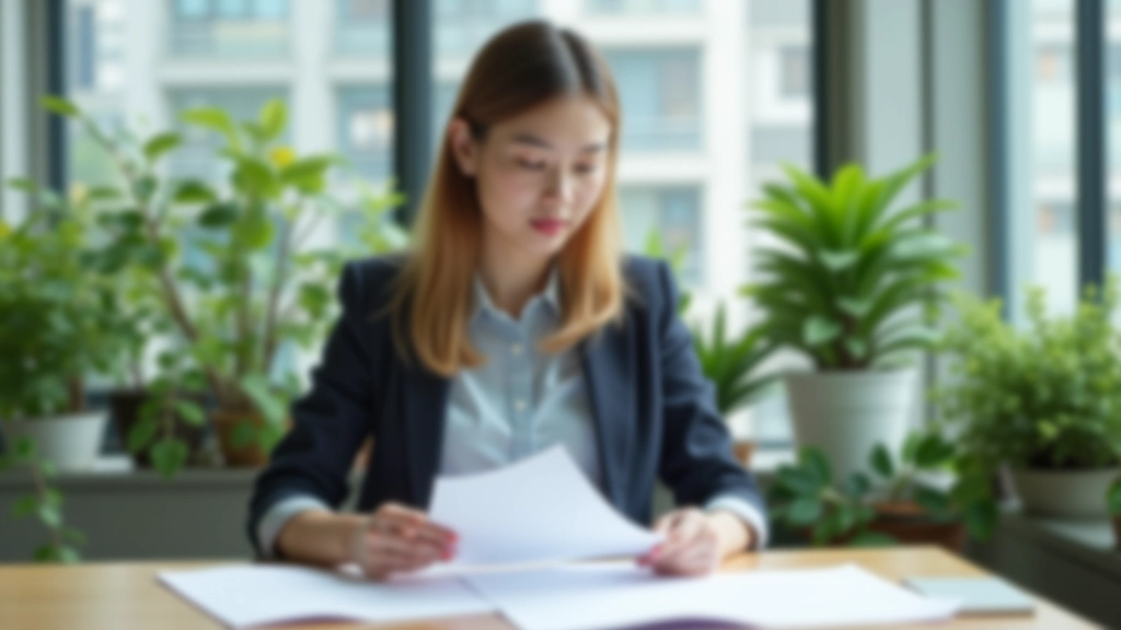 Woman at home office desk reviewing financial statements and planning documents with focused expression